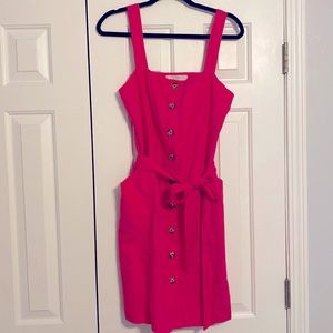 Hot pink button down linen dress with belt